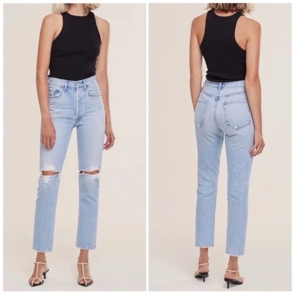 Agolde Riley High Rise Straight Leg Crop Distressed Jeans - Picture 1 of 8